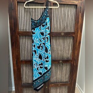 NWOT Cache Stylish One-Shoulder Dress with Blue, White and Black Pattern -Size 6